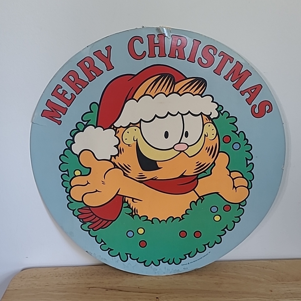 MERRY CHRISTMAS Garfield 2 Sided Wall Window Holiday Decor 14" '78 Vintage AS IS